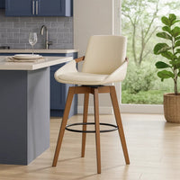 30 Inch Leatherette Swivel Barstool, Cream and Walnut - BM236356