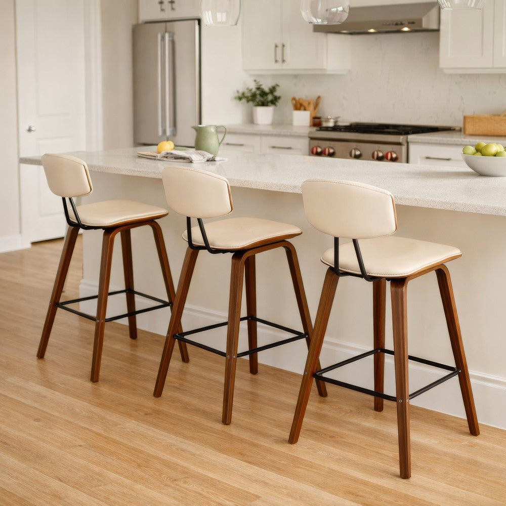 28.5 Inches Contoured Seat Leatherette Barstool, Cream - BM236650