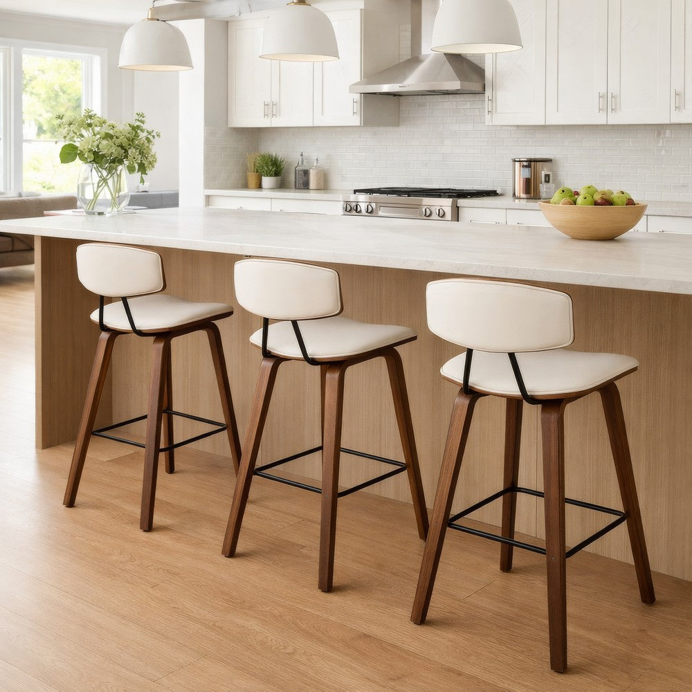 28.5 Inches Contoured Seat Leatherette Barstool, Cream - BM236650