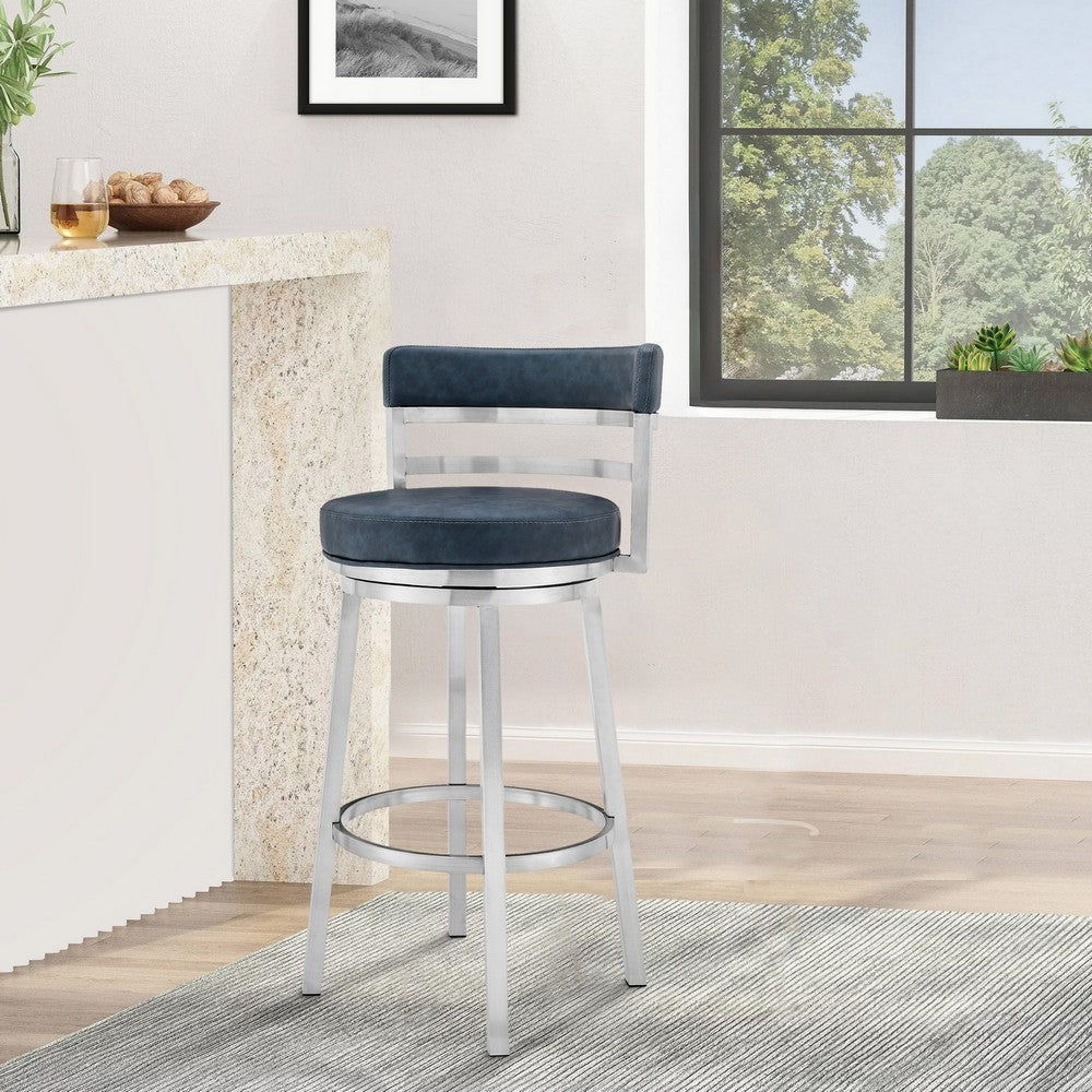 26 Inch Leatherette Counter Height Barstool, Silver and Blue - BM236763