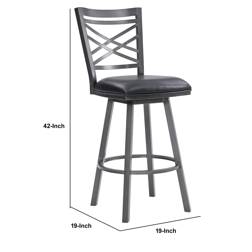 26  Inches Metal Cross Back Counter Barstool with Leatherette Seat, Gray - BM236799