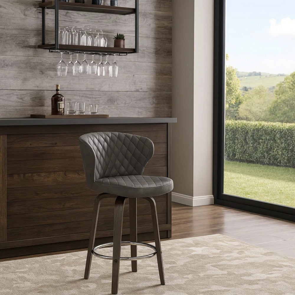 Curved Back Leatherette Barstool with Swivel Mechanism, Brown - BM236834