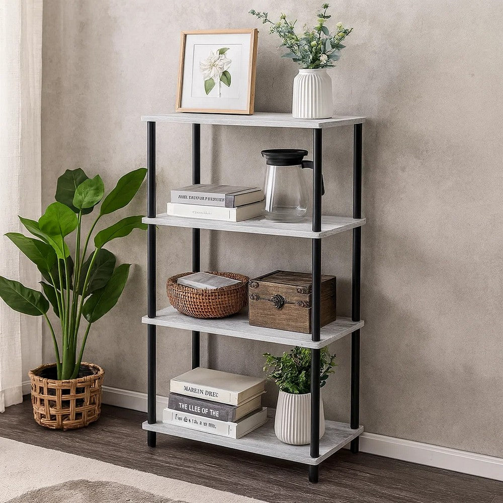 4 Tier Design Bookshelf with Metal Tubular Legs, Antique White - BM237179
