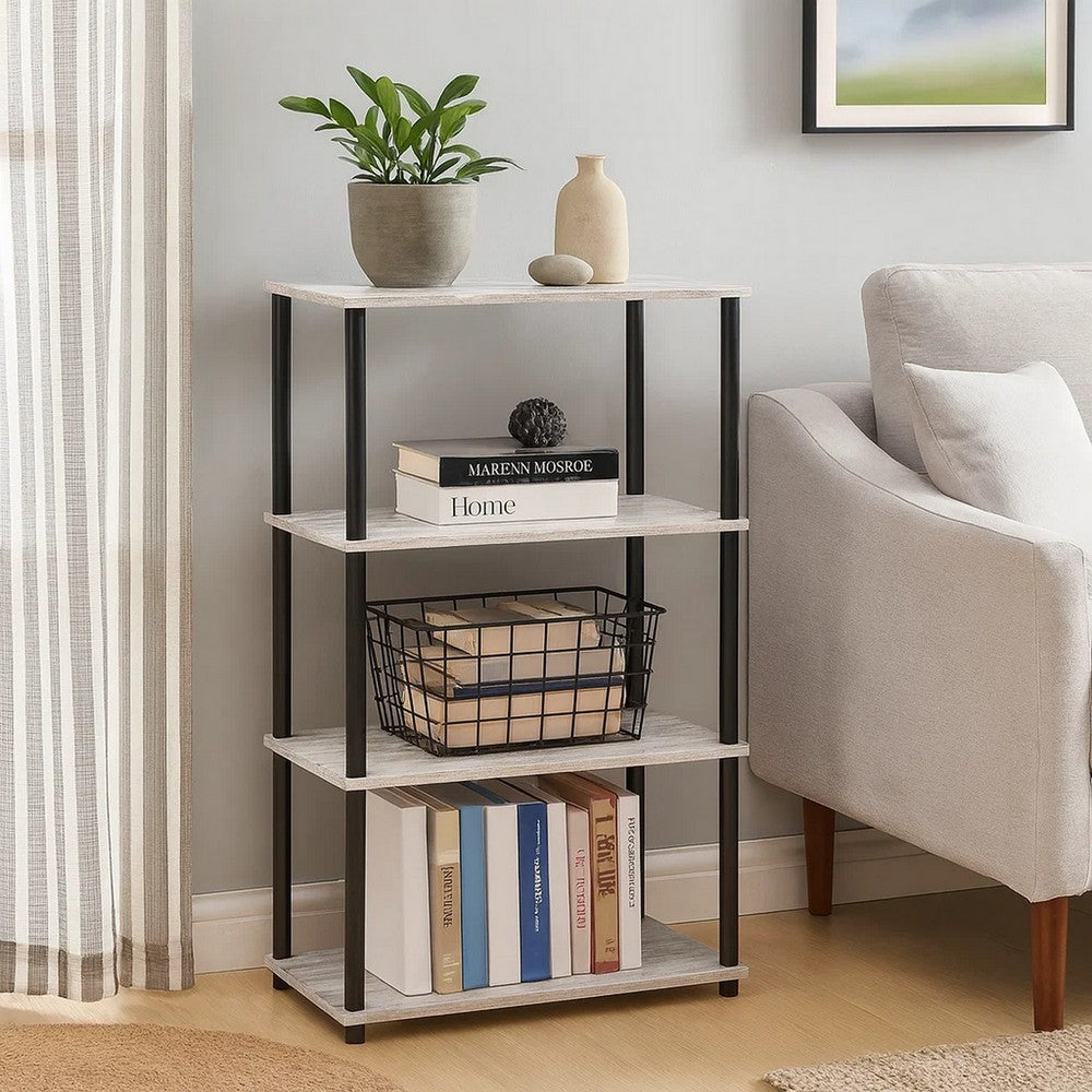 4 Tier Design Bookshelf with Metal Tubular Legs, Antique White - BM237179