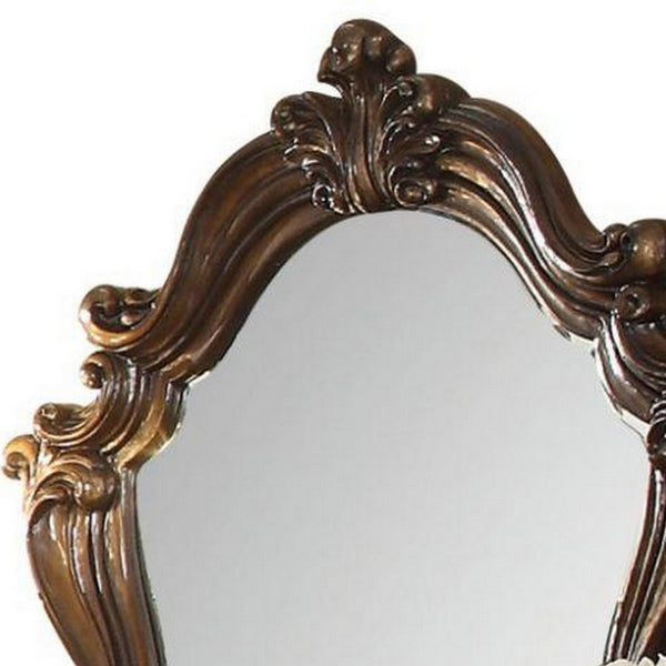 Scroll and Molded Wooden Mirror with Carved Details, Cherry Brown - BM238098
