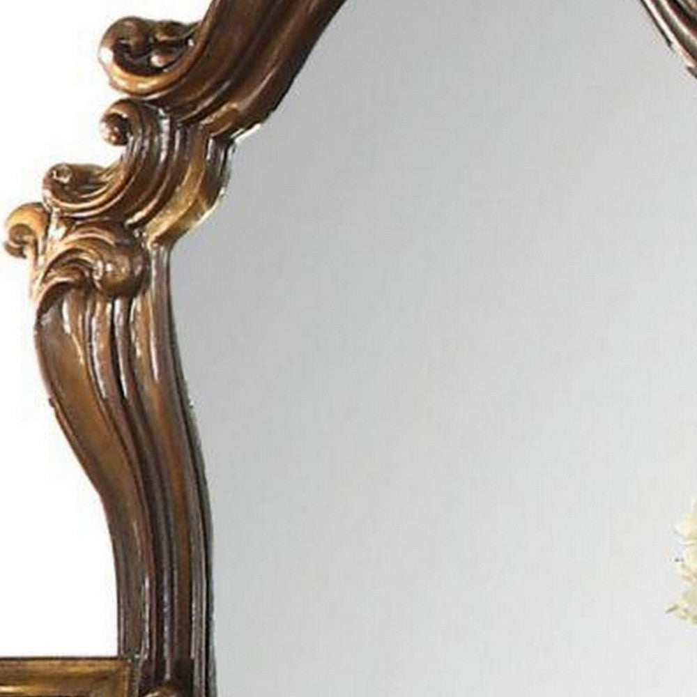 Scroll and Molded Wooden Mirror with Carved Details, Cherry Brown - BM238098