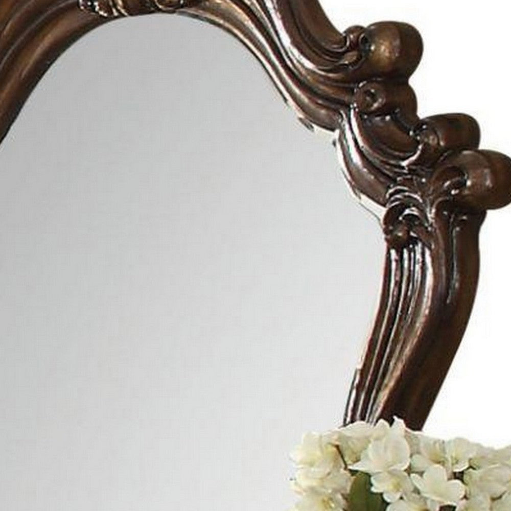 Scroll and Molded Wooden Mirror with Carved Details, Cherry Brown - BM238098