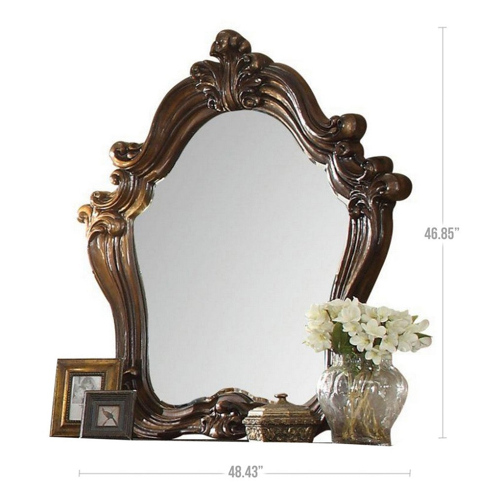 Scroll and Molded Wooden Mirror with Carved Details, Cherry Brown - BM238098