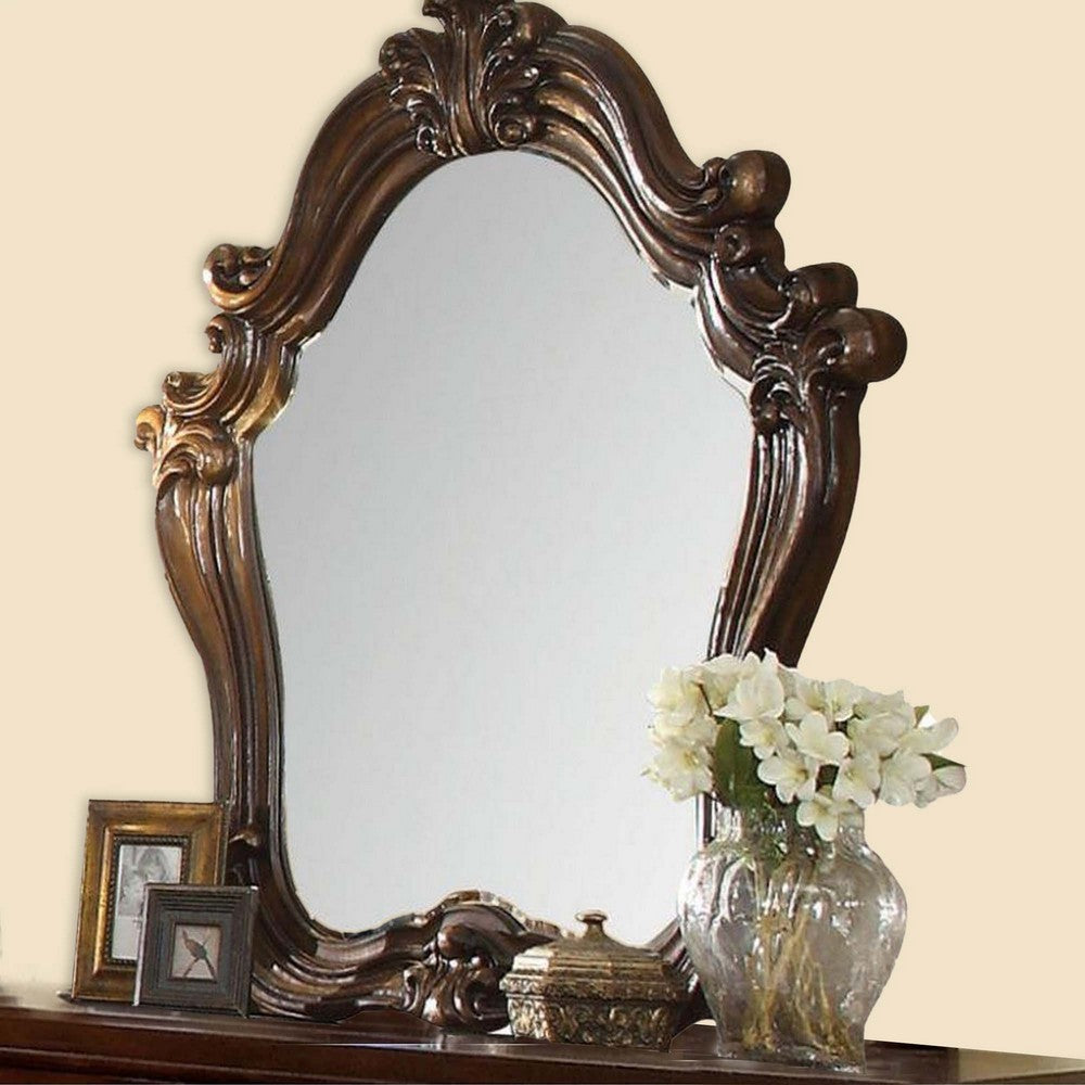 Scroll and Molded Wooden Mirror with Carved Details, Cherry Brown - BM238098