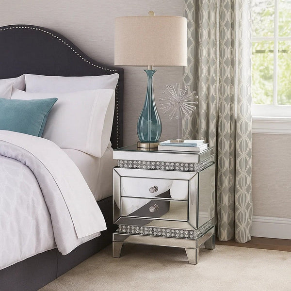 2 Drawer Mirror Inlay Accent Table with Faux Crystal Accents, Silver - BM238107