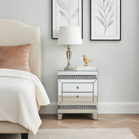 2 Drawer Mirror Inlay Accent Table with Faux Crystal Accents, Silver - BM238107