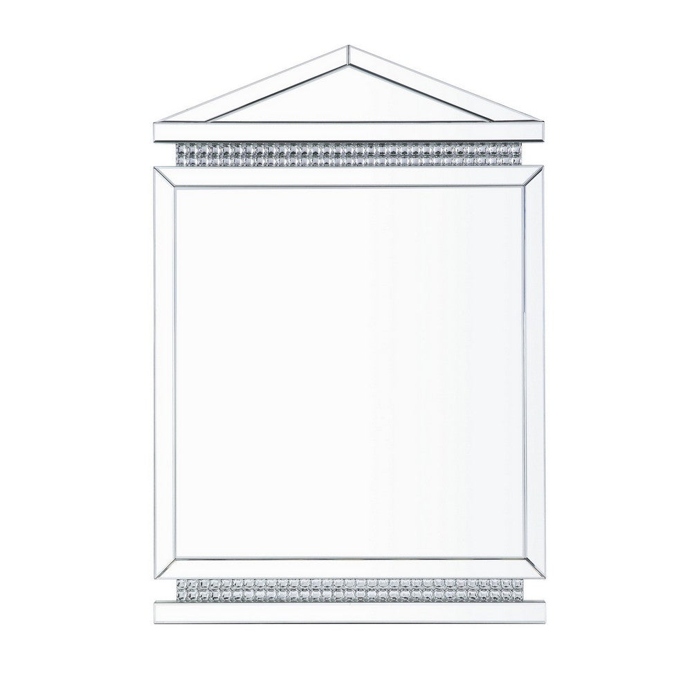 Rectangular Mirror Wall Decor with Faux Crystals and Triangular Top, Silver - BM238113