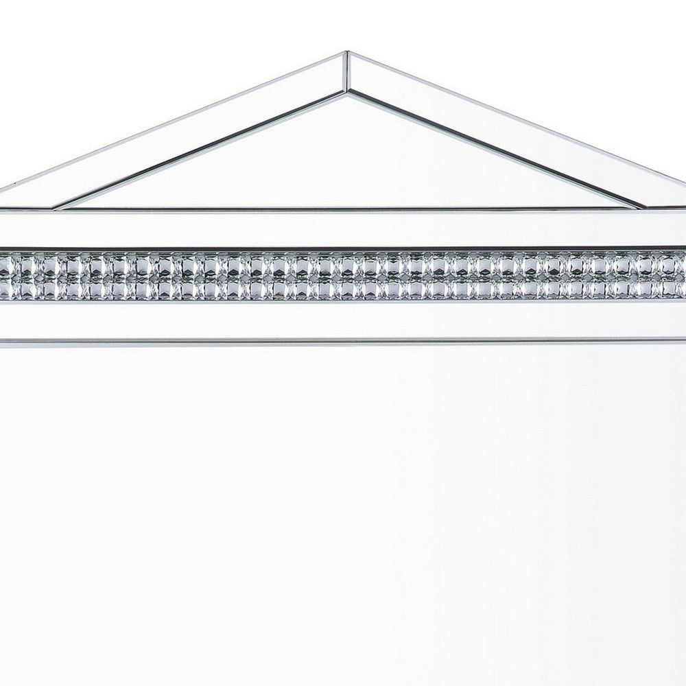 Rectangular Mirror Wall Decor with Faux Crystals and Triangular Top, Silver - BM238113