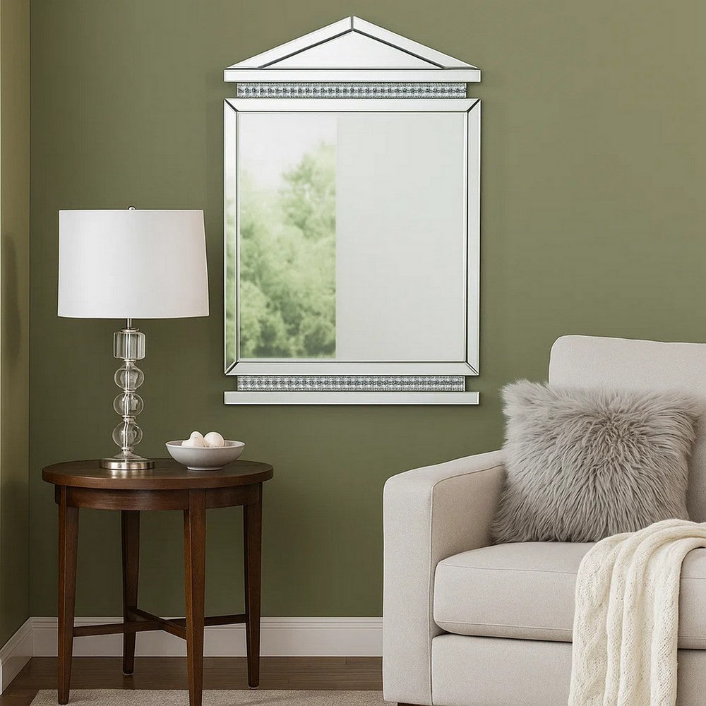 Rectangular Mirror Wall Decor with Faux Crystals and Triangular Top, Silver - BM238113