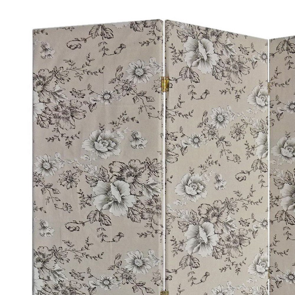 71 Inch 3 Panel Fabric Room Divider with Floral Print, Gray - BM238281