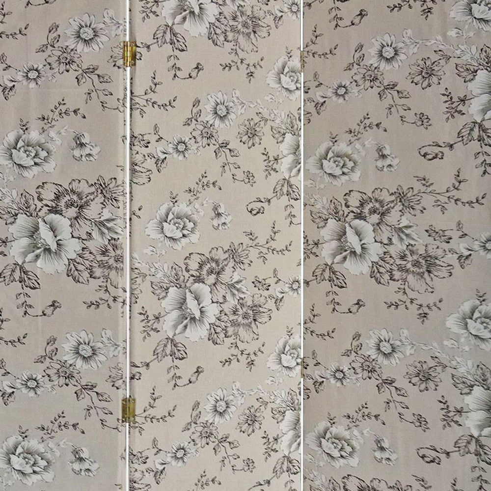 71 Inch 3 Panel Fabric Room Divider with Floral Print, Gray - BM238281
