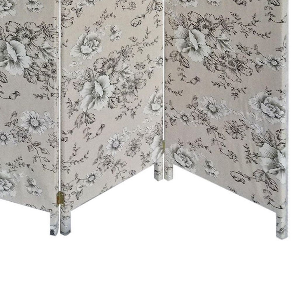 71 Inch 3 Panel Fabric Room Divider with Floral Print, Gray - BM238281