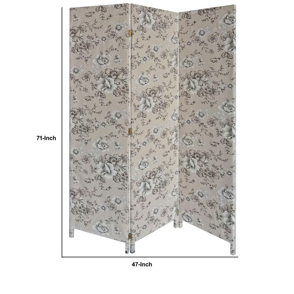 71 Inch 3 Panel Fabric Room Divider with Floral Print, Gray - BM238281