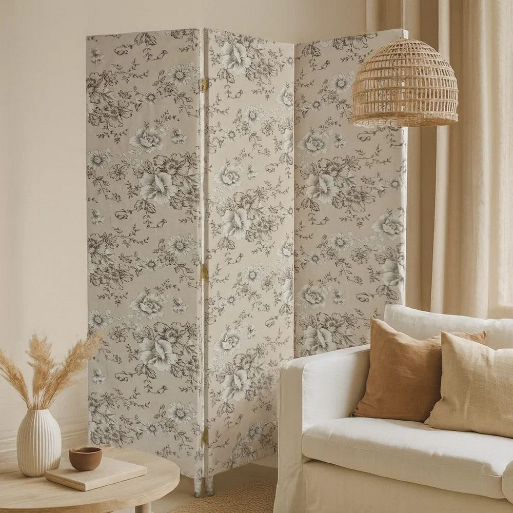 71 Inch 3 Panel Fabric Room Divider with Floral Print, Gray - BM238281