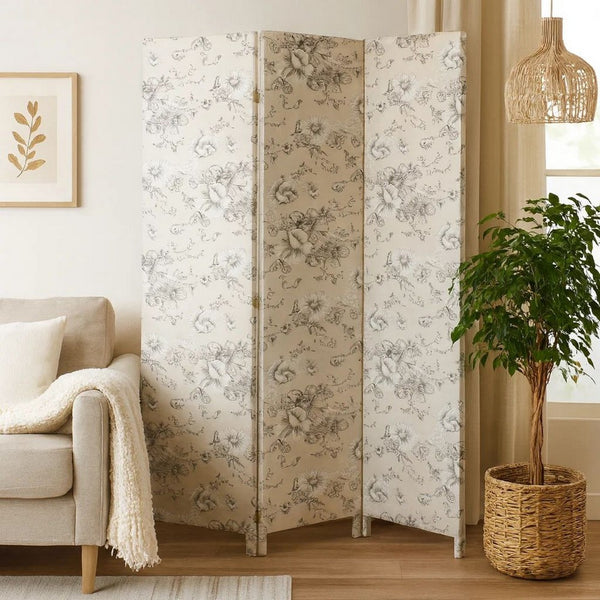 71 Inch 3 Panel Fabric Room Divider with Floral Print, Gray - BM238281