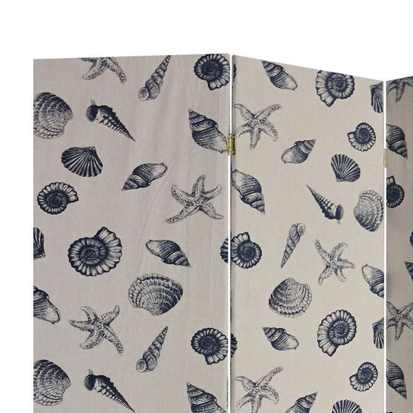 71 Inch 3 Panel Fabric Room Divider with Seashell Print, Blue - BM238282