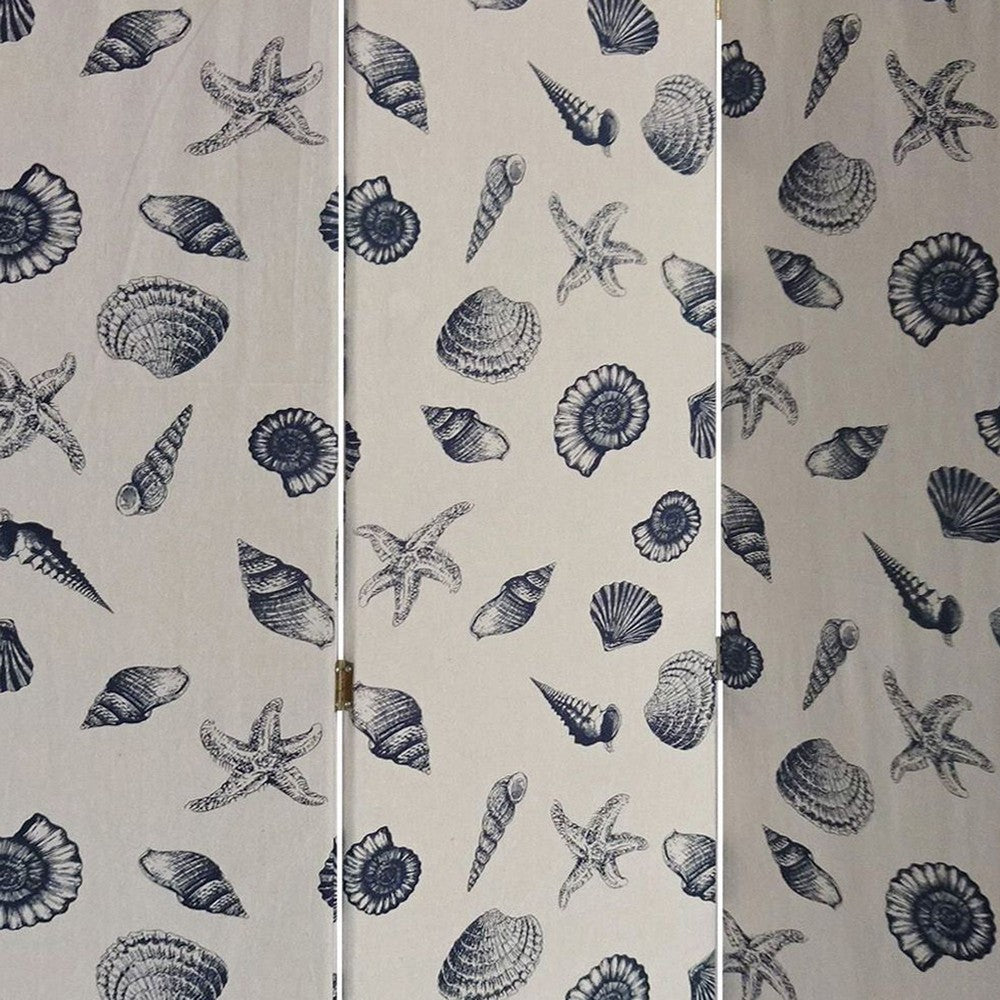 71 Inch 3 Panel Fabric Room Divider with Seashell Print, Blue - BM238282