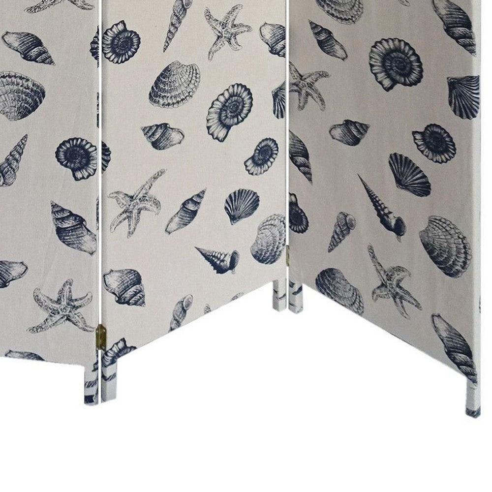 71 Inch 3 Panel Fabric Room Divider with Seashell Print, Blue - BM238282
