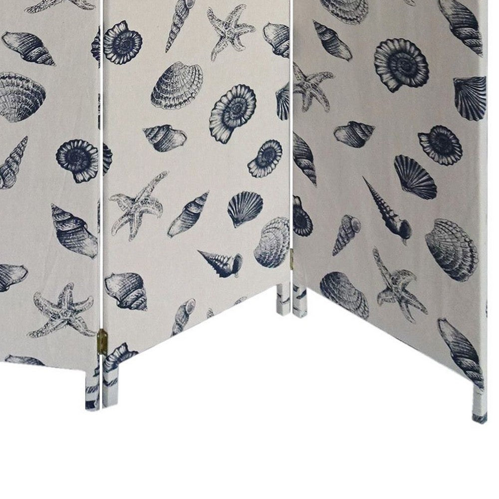 71 Inch 3 Panel Fabric Room Divider with Seashell Print, Blue - BM238282