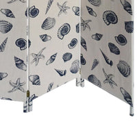 71 Inch 3 Panel Fabric Room Divider with Seashell Print, Blue - BM238282