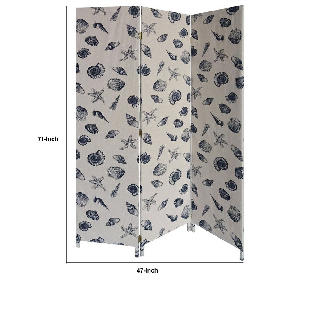 71 Inch 3 Panel Fabric Room Divider with Seashell Print, Blue - BM238282