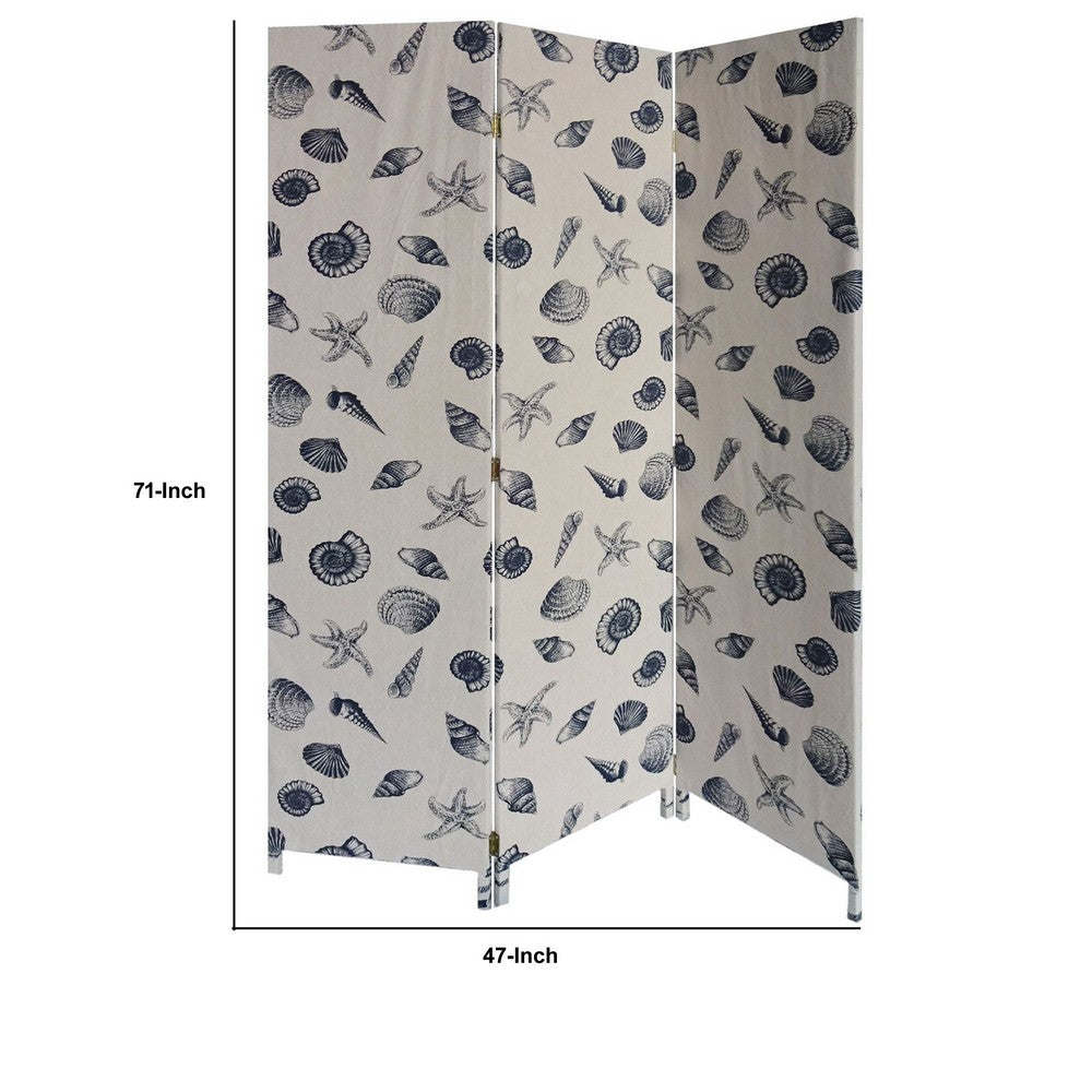 71 Inch 3 Panel Fabric Room Divider with Seashell Print, Blue - BM238282
