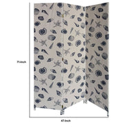 71 Inch 3 Panel Fabric Room Divider with Seashell Print, Blue - BM238282