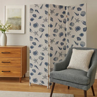 71 Inch 3 Panel Fabric Room Divider with Seashell Print, Blue - BM238282