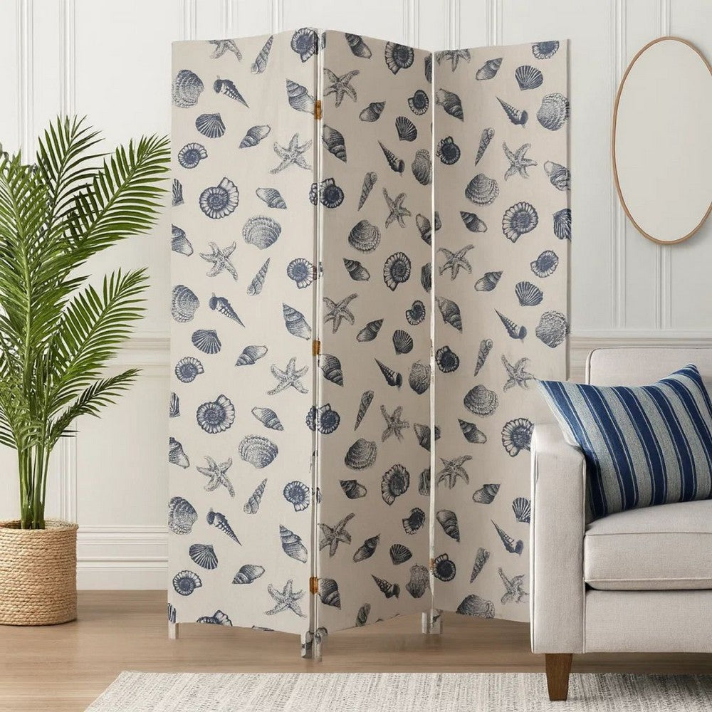 71 Inch 3 Panel Fabric Room Divider with Seashell Print, Blue - BM238282