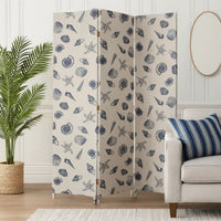 71 Inch 3 Panel Fabric Room Divider with Seashell Print, Blue - BM238282