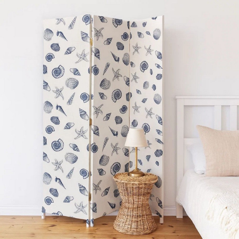 71 Inch 3 Panel Fabric Room Divider with Seashell Print, Blue - BM238282