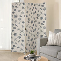 71 Inch 3 Panel Fabric Room Divider with Seashell Print, Blue - BM238282