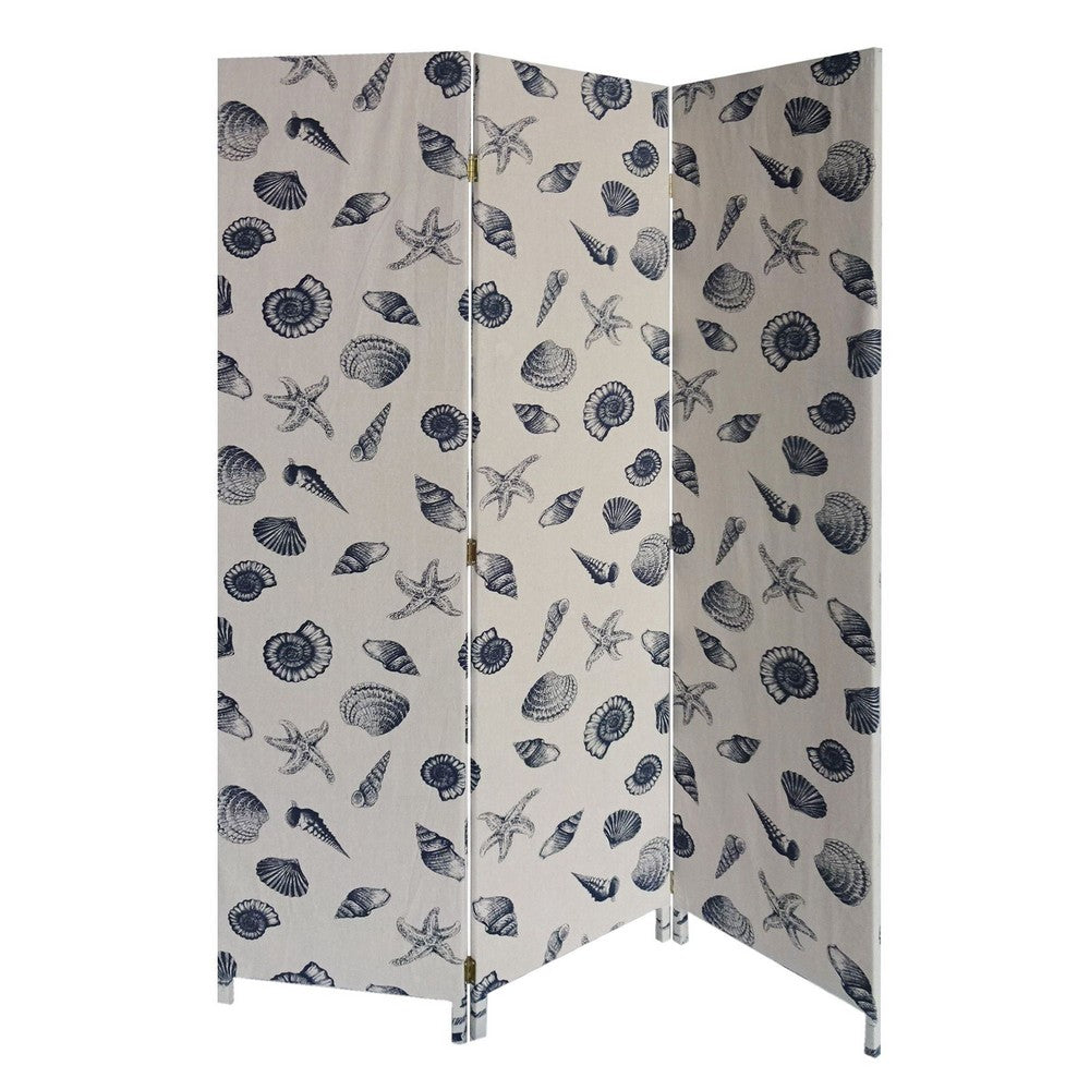 71 Inch 3 Panel Fabric Room Divider with Seashell Print, Blue - BM238282