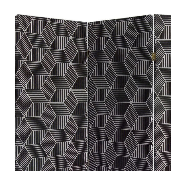 71 Inch 3 Panel Fabric Room Divider with Geometric Print, Black - BM238284