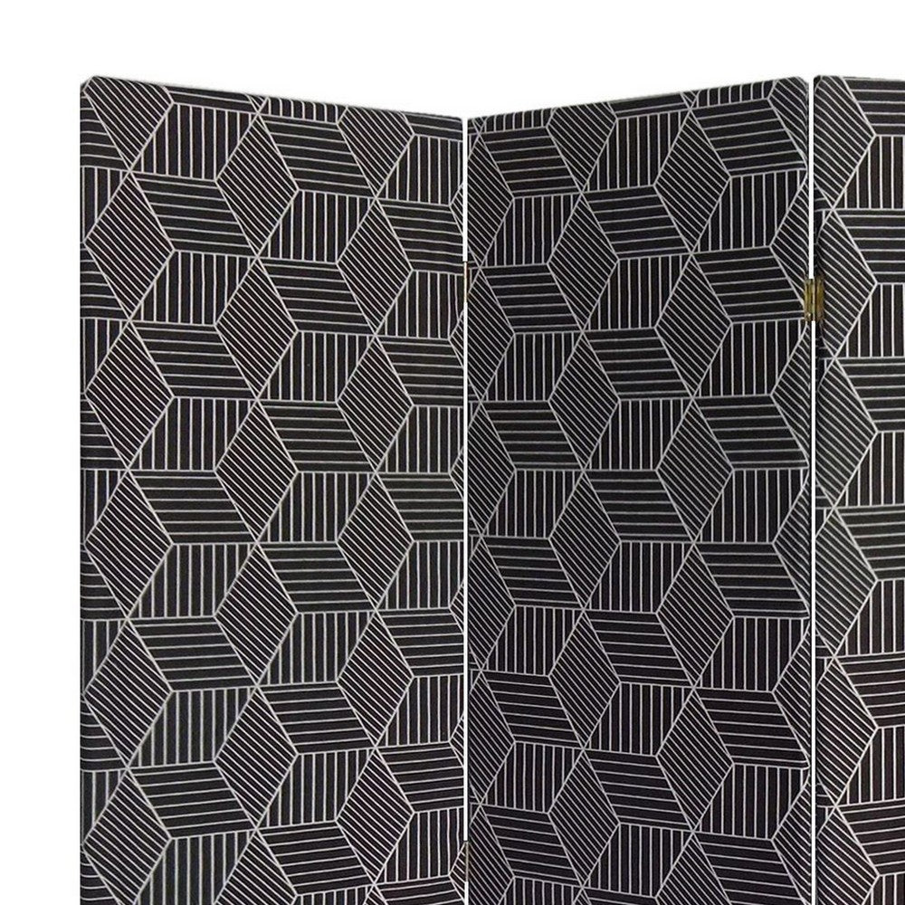 71 Inch 3 Panel Fabric Room Divider with Geometric Print, Black - BM238284