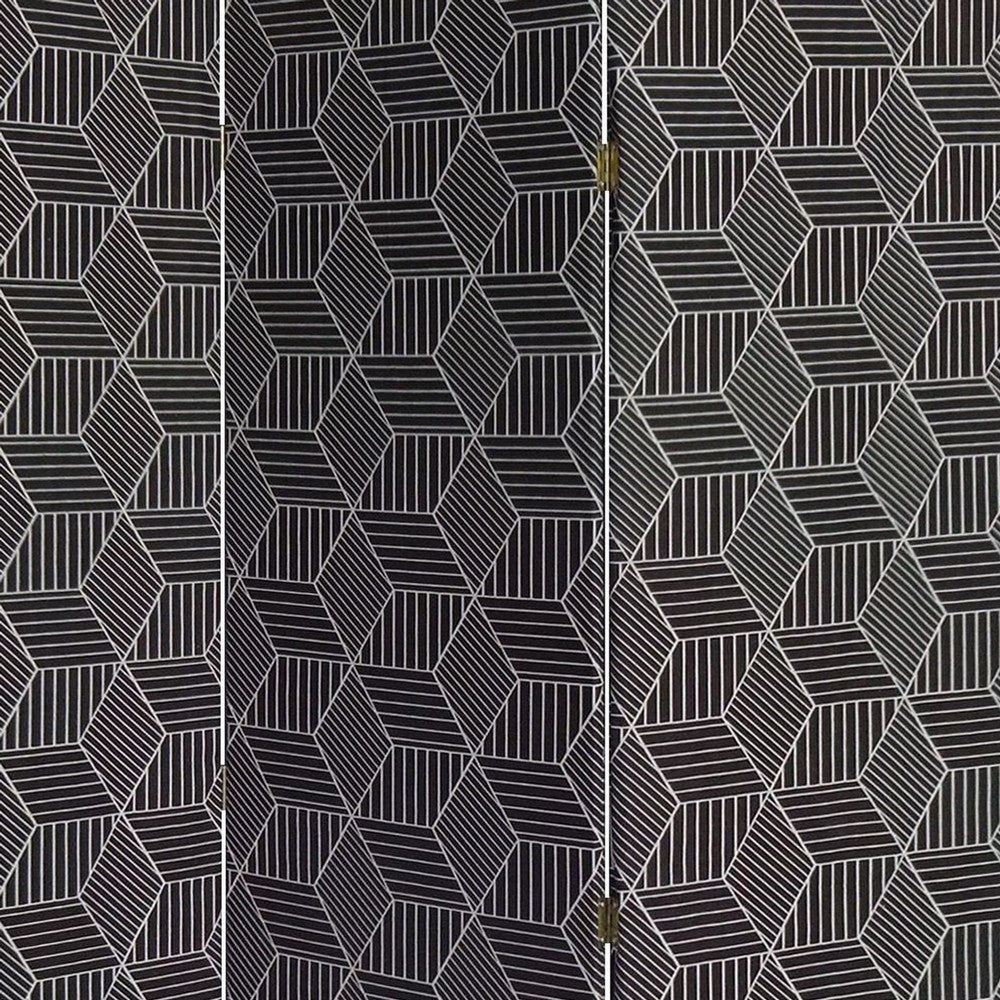 71 Inch 3 Panel Fabric Room Divider with Geometric Print, Black - BM238284