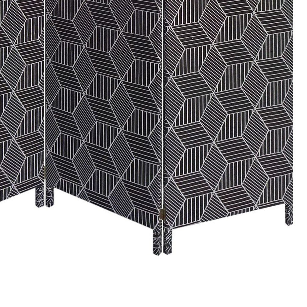 71 Inch 3 Panel Fabric Room Divider with Geometric Print, Black - BM238284