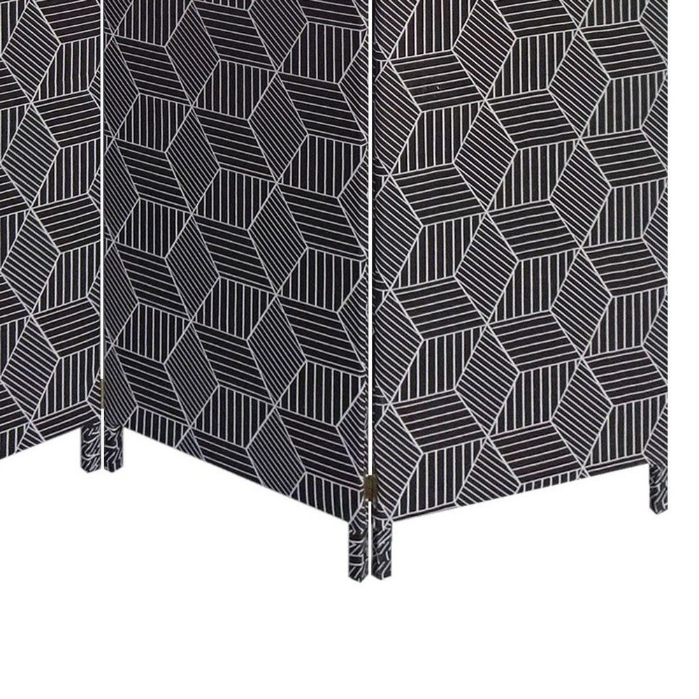 71 Inch 3 Panel Fabric Room Divider with Geometric Print, Black - BM238284