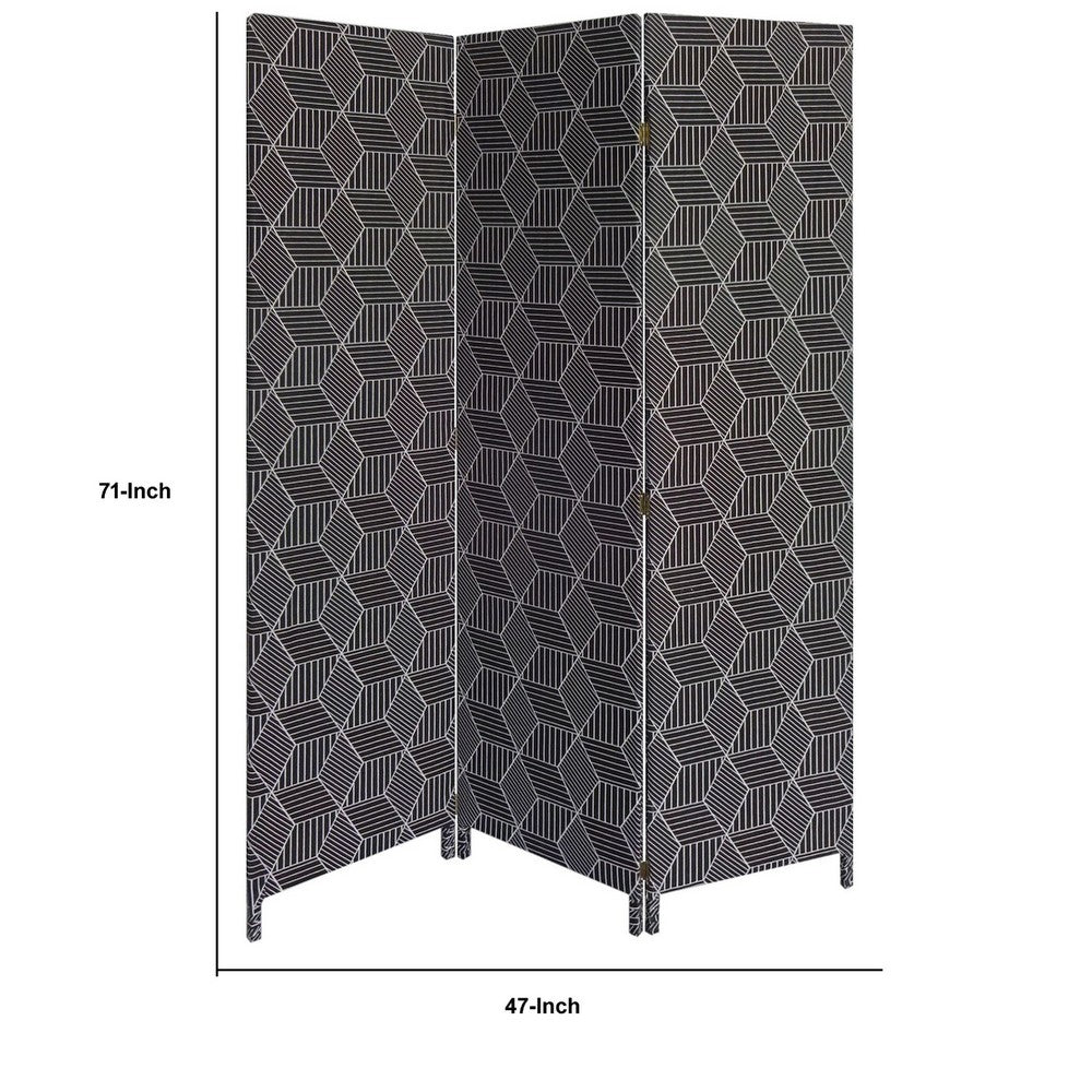 71 Inch 3 Panel Fabric Room Divider with Geometric Print, Black - BM238284