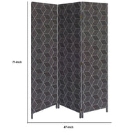 71 Inch 3 Panel Fabric Room Divider with Geometric Print, Black - BM238284