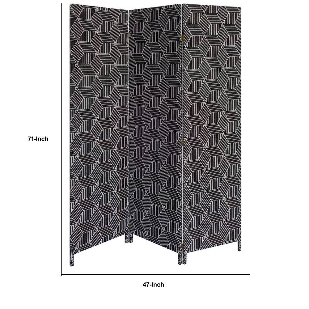 71 Inch 3 Panel Fabric Room Divider with Geometric Print, Black - BM238284
