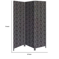 71 Inch 3 Panel Fabric Room Divider with Geometric Print, Black - BM238284