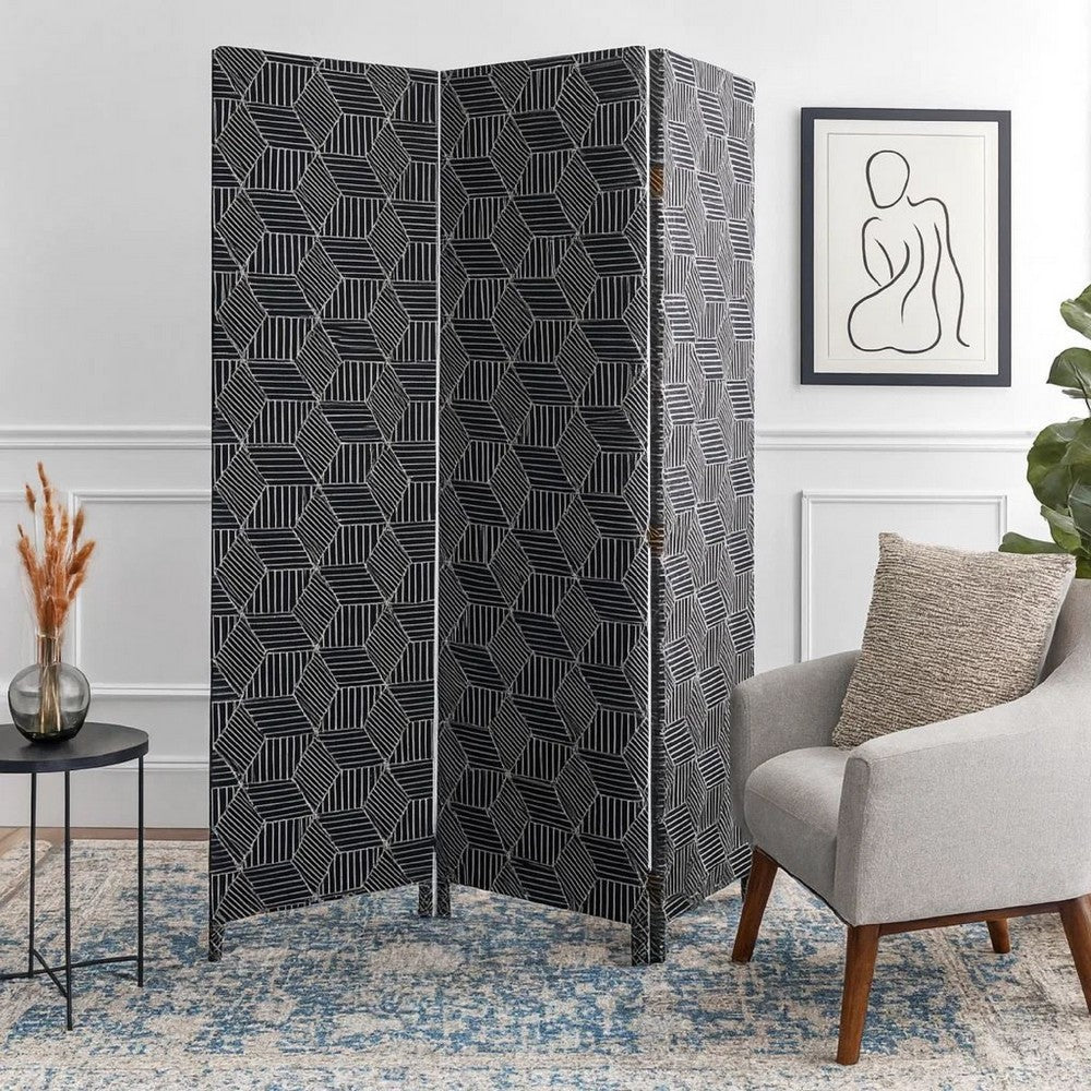 71 Inch 3 Panel Fabric Room Divider with Geometric Print, Black - BM238284