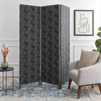 71 Inch 3 Panel Fabric Room Divider with Geometric Print, Black - BM238284