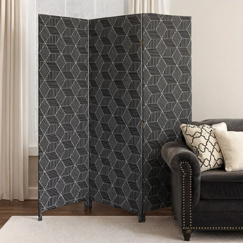 71 Inch 3 Panel Fabric Room Divider with Geometric Print, Black - BM238284